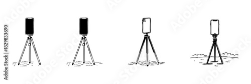 Smartphone Tripod Doodle Sketch Set. Mobile Photography And Video Recording Equipment In Hand Drawn Style Collection. Tripod Designs For Stability And Flexibility. Isolated Vector Illustration