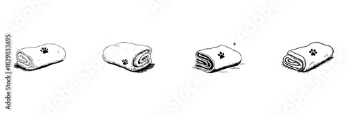 Rolled Towels With Paw Print Doodle Sketch Set. Pet Care, Grooming, And Comfort Accessories In Hand Drawn Style Collection. Cozy And Soft Pet Essentials. Isolated Vector Illustration