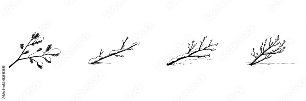 Obraz premium Snow-Covered Branches Doodle Sketch Set. Winter Nature And Seasonal Change In Hand Drawn Style Collection. Illustrates Tranquility And Natural Beauty. Hand Drawn Isolated Vector Illustration