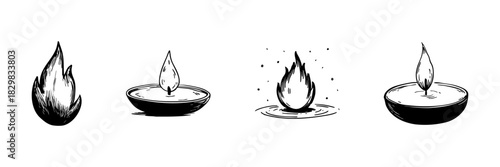 Flame And Candle Doodle Sketch Set. Fire Elements And Candlelight In Hand Drawn Style Collection. Spirituality, Meditation, And Warmth Symbols. Hand Drawn Isolated Vector Illustration