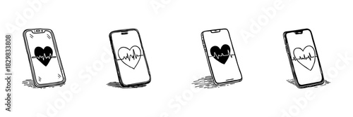 Smartphone With Heartbeat Monitor Doodle Sketch Set. Mobile Health Tracking And Heart Rate Monitoring In Hand Drawn Style Collection. Digital Wellness Technology. Isolated Vector Illustration