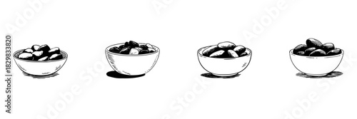 Bowls Of Nuts Doodle Sketch Set. Healthy Snack Options And Nutritional Variety In Hand Drawn Style Collection. Assorted Nut Bowls For Diet And Wellness. Hand Drawn Isolated Vector Illustration