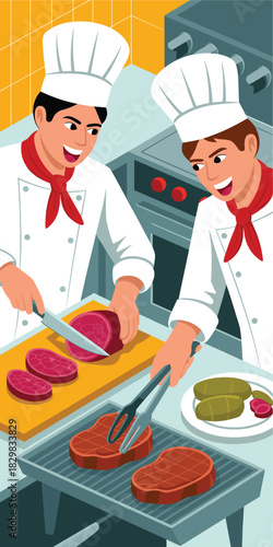 Two smiling professional chefs in white uniforms collaborating on gourmet meal preparation, one slicing cured meat on a cutting board while the other meticulously grills raw steaks in a modern commerc
