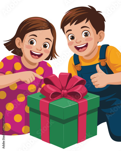 Happy young children, a smiling boy giving a thumbs up and an excited girl pointing, presenting a brightly wrapped green gift box with a large pink ribbon, celebrating a surprise birthday or Christmas
