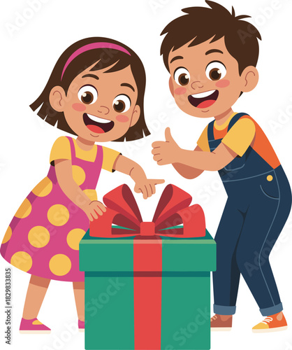 Joyful multicultural children, a brother and sister pair, celebrating a milestone moment with a large birthday present, pointing and giving a thumbs-up gesture of excitement and approval, flat vector