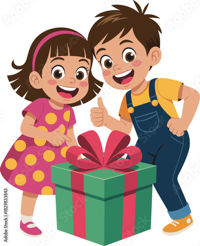 Happy cheerful smiling children, a young boy giving a thumbs-up and a girl pointing at a large wrapped gift box, celebrating a joyful birthday or holiday surprise, cute cartoon vector illustration per