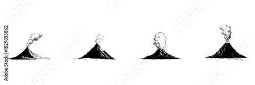 Volcano Eruption Stages Doodle Sketch Set. Volcanic Activity And Eruption Process In Hand Drawn Style Collection. Geological Phenomena And Natural Disasters. Isolated Vector Illustration