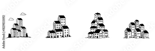 Urban Building Cluster Doodle Sketch Set. Cityscape Growth And Urbanization In Hand Drawn Style Collection. Architectural Development And Community Planning. Isolated Vector Illustration