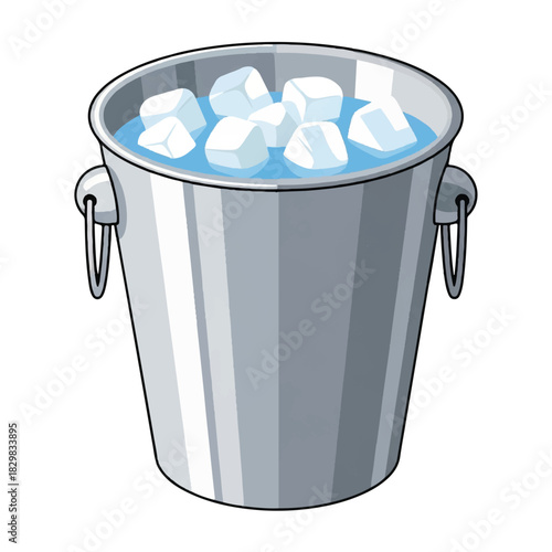 Shiny metal ice bucket filled with cubes ready for chilling drinks and beverages.