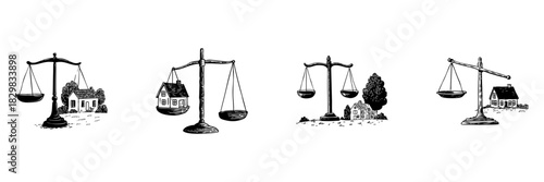 Scales And Houses Doodle Sketch Set. Real Estate Valuation And Property Market Analysis In Hand Drawn Style Collection. Home Buying And Selling Concept. Isolated Vector Illustration