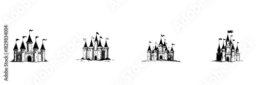 Castle Silhouette Doodle Sketch Set. Medieval Architecture And Fantasy Fortress Designs In Hand Drawn Style Collection. Fairytale And Historical Theme. Isolated Vector Illustration