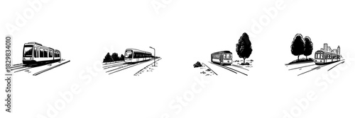Tram And Train Doodle Sketch Set. Urban And Suburban Public Transportation In Hand Drawn Style Collection. Cityscape And Nature Elements. Isolated Vector Illustration