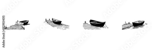 Rowboat And Dock Doodle Sketch Set. Tranquil Lakeside And Nautical Scenery In Hand Drawn Style Collection. Serene Waterfront And Leisure. Isolated Vector Illustration