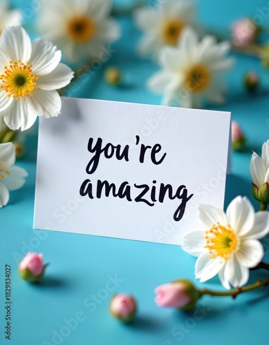 Note card with message Amazing. Spring flowers, buds, blossoms scattered around card. Gentle blue background. Celebrating success, positive affirmation, inspiration concept. Symbol of appreciation.