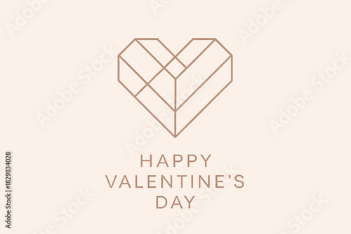 An elegant and sophisticated minimalist Valentine's Day card in a luxury modern style. A geometric heart composed of thin light beige lines that create a voluminous, faceted, diamond-like structure.