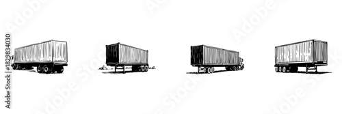 Container Truck And Trailer Doodle Sketch Set. Transportation And Logistics In Hand Drawn Style Collection. Cargo Shipping And Freight Hauling. Isolated Vector Illustration