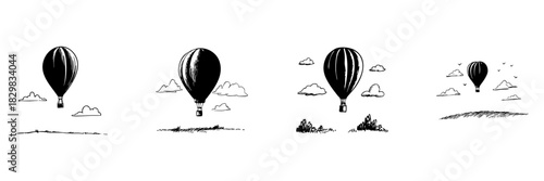 Hot Air Balloon Journey Doodle Sketch Set. Adventure And Exploration In Hand Drawn Style Collection. Scenic Flight And Travel Experience. Hand Drawn Isolated Vector Illustration