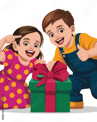 Cheerful young brother and sister, an excited happy girl and boy, reaching for a large green birthday present box tied with a bold red bow, expressing surprise, joy, and festive celebration; a colorfu