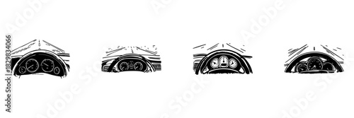 Car Dashboard And Road View Doodle Sketch Set. Driving Experience And Vehicle Control In Hand Drawn Style Collection. Automotive Navigation And Speed Monitoring. Isolated Vector Illustration