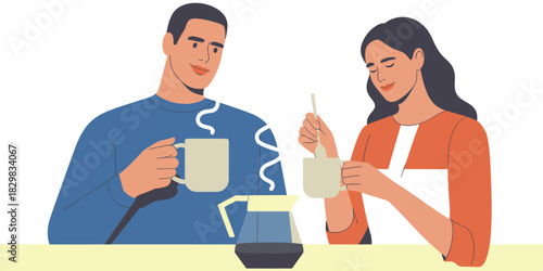 Young adult couple enjoying a peaceful morning coffee break together, sipping hot beverages from mugs and stirring sugar at the kitchen counter, representing daily routine, modern casual lifestyle, an