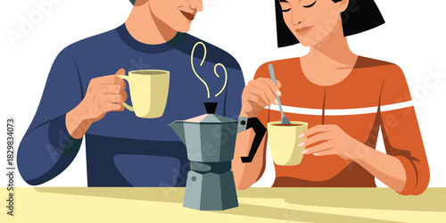 A graphic vector illustration of a happy couple enjoying a relaxed morning breakfast coffee ritual, sharing freshly brewed espresso from a steaming stovetop Moka pot, symbolizing connection, daily dom