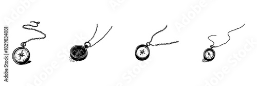 Compass Necklace Doodle Sketch Set. Navigation And Direction Symbolism In Hand Drawn Style Collection. Adventure And Exploration Concept. Isolated Vector Illustration
