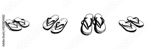 Flip Flop Sandals Doodle Sketch Set. Casual Summer Footwear And Beach Style In Hand Drawn Style Collection. Vacation And Relaxation Theme. Hand Drawn Isolated Vector Illustration