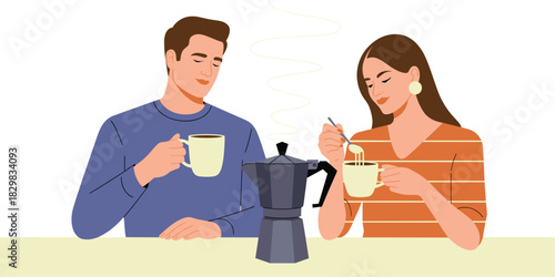A cheerful young adult couple drinking hot morning coffee together, savoring a relaxed domestic breakfast routine using a steaming traditional Moka pot on a clean kitchen table, modern flat vector ill