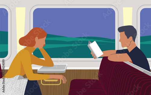 Stylish flat design illustration showing two passengers, a relaxed man reading a novel and a contemplative woman gazing out the scenic train window, enjoying comfortable leisure travel on a long journ