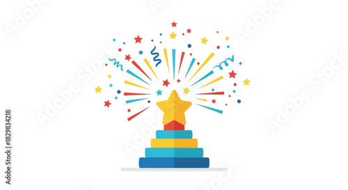 Colorful trophy on a bright podium with fireworks and confetti celebrating achievement and victory.