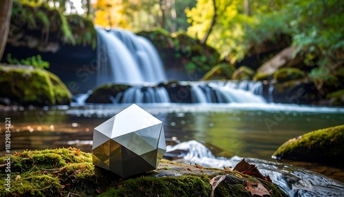 Metallic geometric object sits on moss near flowing water in a lush forest under sunlight, waterfall blurred backdrop