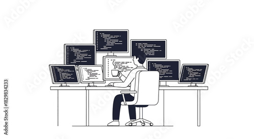 A programmer working on multiple computer screens in a dimly lit room