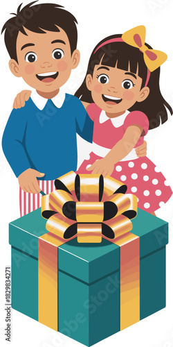 Happy smiling boy and girl, two diverse young siblings excited about opening a brightly wrapped birthday gift box, teal and gold present with large decorative bow, perfect illustration for celebration