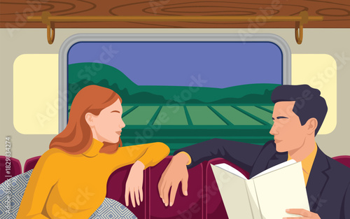 Traveling companions enjoying a relaxing railway journey inside a modern train compartment, the man reading a book and the woman looking at the vibrant green scenic countryside landscape views through