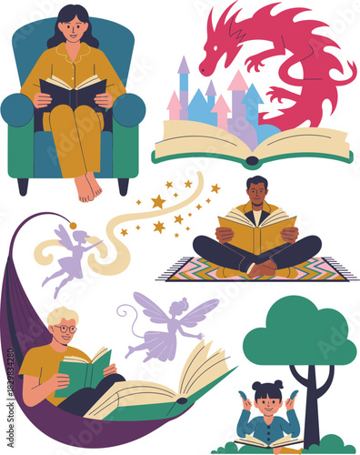 Diverse readers enjoying fantasy literature and the magic of a good book, visualizing enchanting castles, fire-breathing dragons, and mythical fairies, perfect for promoting literacy, education, menta