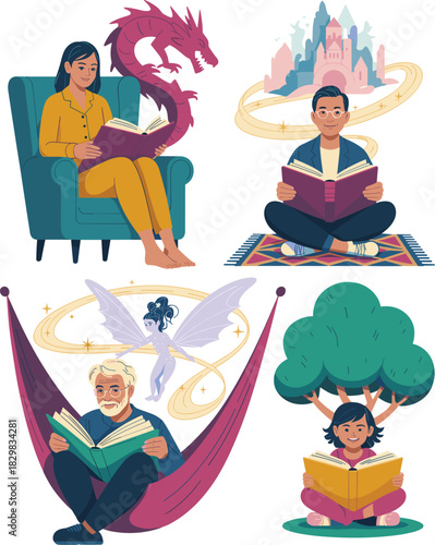 A diverse multigenerational group of happy readers enjoying literature and peaceful relaxation, sparking vivid imagination and learning with fantasy elements like dragons, fairies, and magical castles