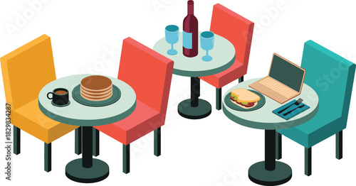 High angle isometric 3D vector illustration of a modern cafe or restaurant layout detailing customer experiences: remote work (laptop, lunch), casual dining (pancakes, coffee), and evening drinks (win