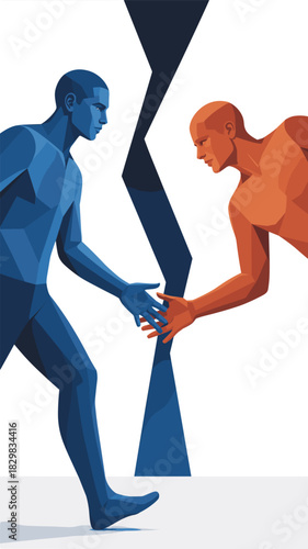 Modern geometric illustration of two opposing male figures, one blue, one orange, reaching across a jagged central barrier for an uncompleted handshake, symbolizing communication breakdown, conflict,