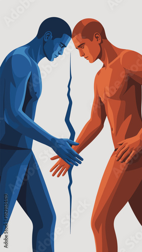 Conceptual graphic illustration of two contrasting blue and orange figures separated by a jagged rift, depicting deep conflict, division, relationship crisis, political polarization, and psychological