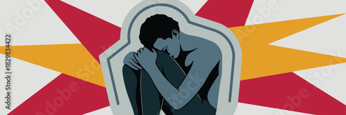 Graphic vector illustration of a depressed adult figure cowering and huddled alone, feeling stress and trauma, encapsulated by a stylized shield against a dramatic red and yellow abstract explosion ba