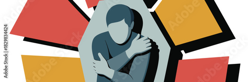 Abstract minimalist illustration showing a human figure experiencing anxiety, stress, and depression, hugging themselves in self-comfort within a protective geometric shell. The person is isolated fro