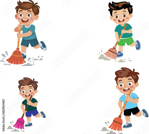 Cute Young Boy Sweeping the Floor with a Broom, Helping with Household Chores, Cleaning Up Dust, Happy Child Performing Domestic Tasks, Vector Illustration.