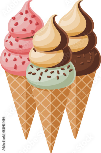 Colorful graphic vector artwork showing a delicious collection of three stacked ice cream scoops in crispy waffle cones, featuring strawberry, mint, chocolate, and creamy vanilla flavors, ideal for de