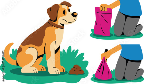 Responsible dog ownership illustration featuring a friendly pet watching its owner kneeling to properly scoop animal feces and dispose of the waste in a pink bag, promoting community hygiene, sanitati