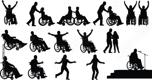 Wheelchair silhouette, disability inclusion, assisted mobility, joyful interaction, public speaking, empowerment scene, black design, diverse activity, accessibility concept, flat vector