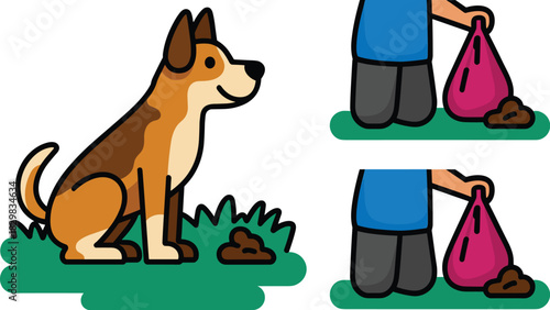 Responsible pet ownership illustration featuring a friendly brown and white dog sitting outdoors while the owner uses a pink waste cleanup bag to properly dispose of pet feces from the green grass. Co