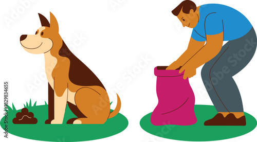 Responsible dog owner or walker man picking up pet waste feces from the green park lawn ground with a pink disposal bag, showing public hygiene etiquette and care, clean modern flat vector illustratio