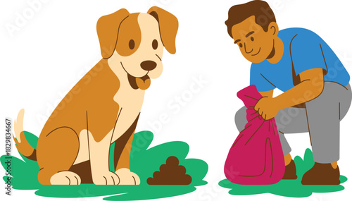 Responsible pet owner picking up brown dog waste from green public grass, demonstrating clean community hygiene and ethical animal welfare practices in an urban lifestyle. Modern flat design vector il