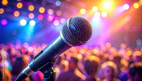 Microphone in focus, blurred crowd and lights behind. Stage atmosphere. Vibrant colors illuminate the scene