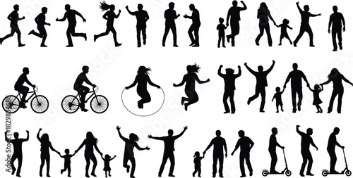 Running, jumping, dancing, cycling, scooter riding, rope skipping, family bonding, child play, human movement, silhouette activity, black design, flat vector
